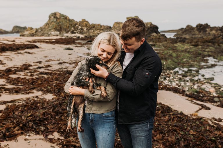 couple on beach with two dogs