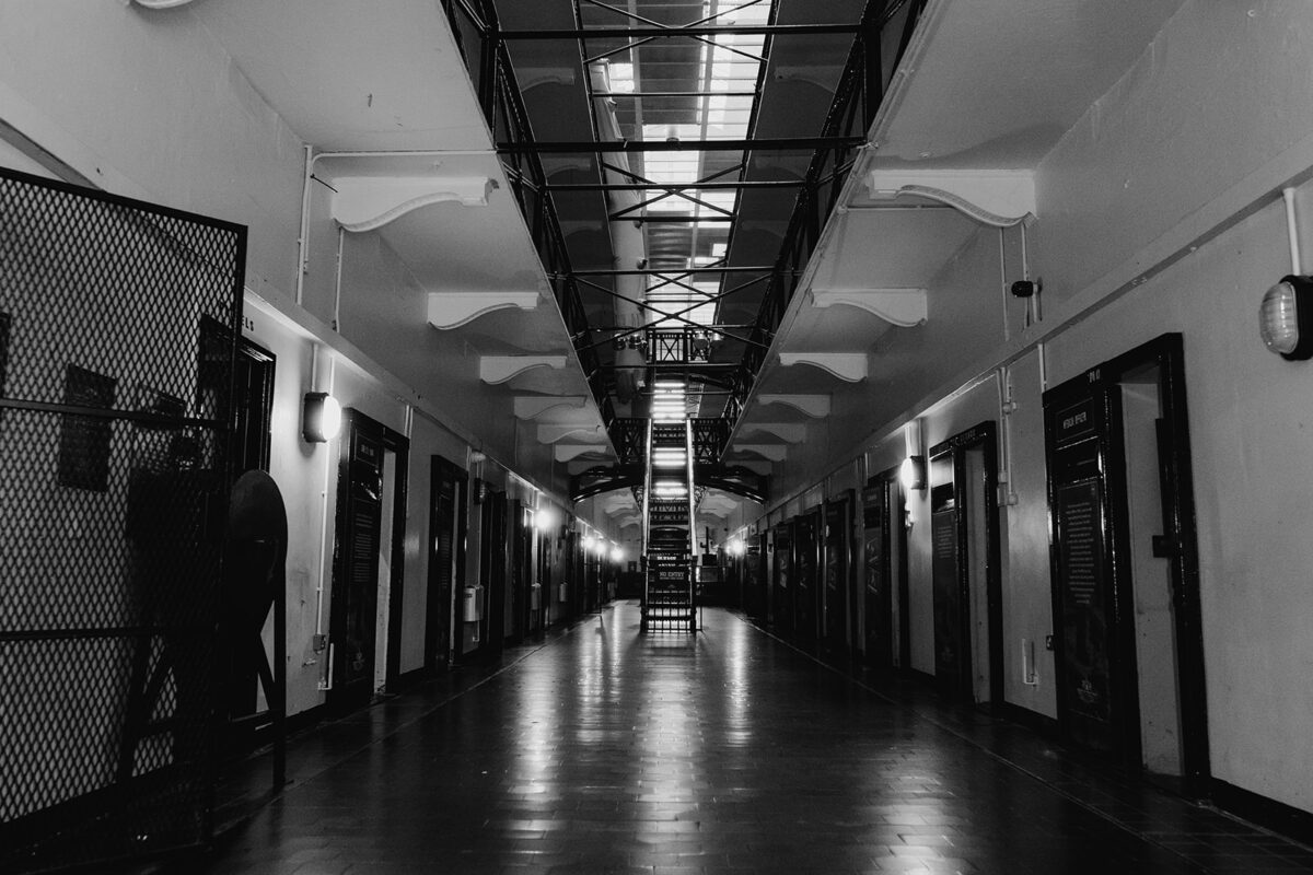 back and white photo showing inside Crumlin road gaol Belfast.